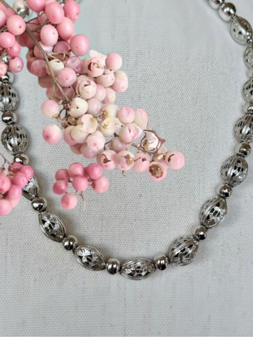Vintage Tortolani Silver-Plated Oval Filigree Round Bead Necklace